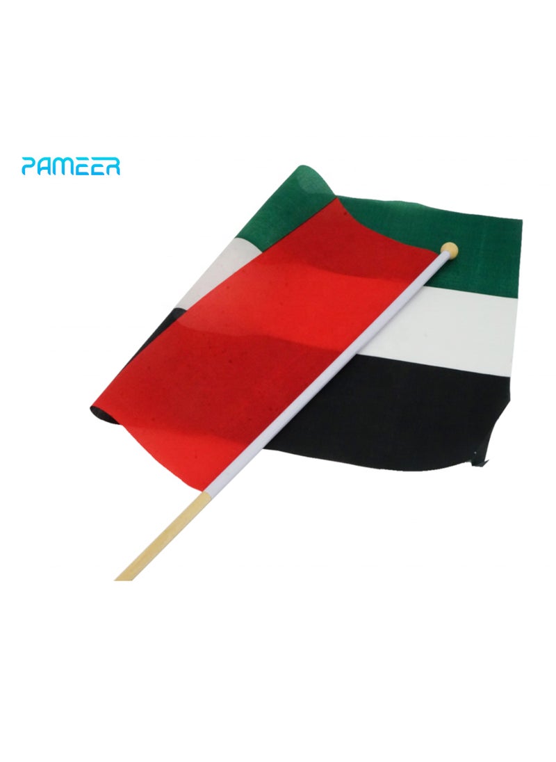 PAMEER - 12 Pcs 25 x 20 CM UAE National Day Celebration Flags Hand Held Flags Emirati Day Flag Wood Hand Grip UAE Flags for Cars Home Office Desk National Day Martyrs Day Flag Day Celebrations - Image 1