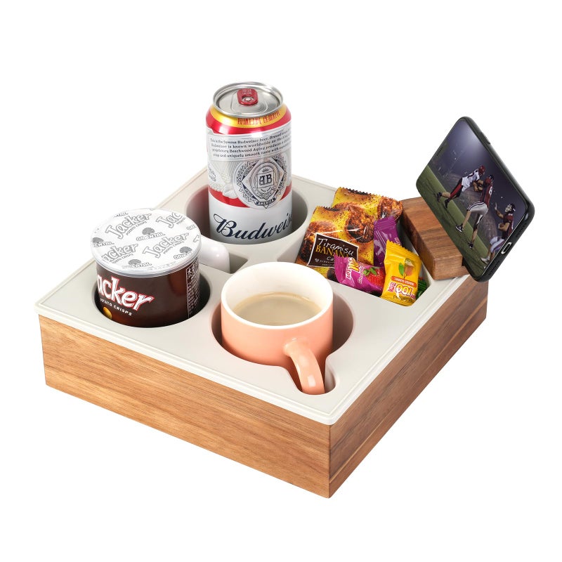 Hitseon Couch Cup Holder Tray, Handy Soft Silicone Acacia Wooden Couch Caddy for Bed Car Seat Beach Organizer, Waterproof Anti-Spill Sofa Cup Holder for Snacks Beverage Remote (White) - Image 1