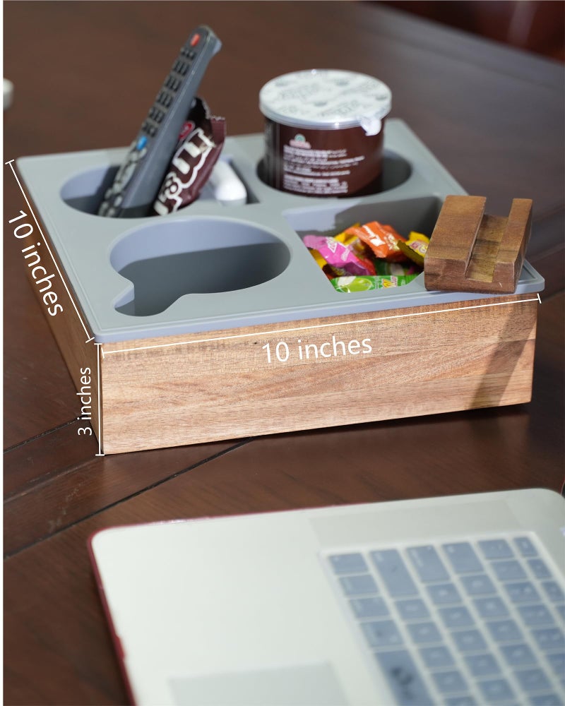 Hitseon Couch Cup Holder Tray, Handy Soft Silicone Acacia Wooden Couch Caddy for Bed Car Seat Beach Organizer, Waterproof Anti-Spill Sofa Cup Holder for Snacks Beverage Remote (White) - Image 5