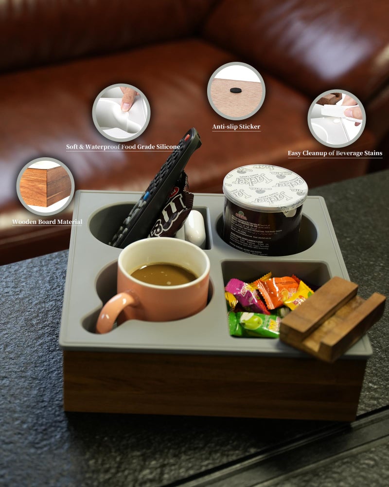 Hitseon Couch Cup Holder Tray, Handy Soft Silicone Acacia Wooden Couch Caddy for Bed Car Seat Beach Organizer, Waterproof Anti-Spill Sofa Cup Holder for Snacks Beverage Remote (White) - Image 4