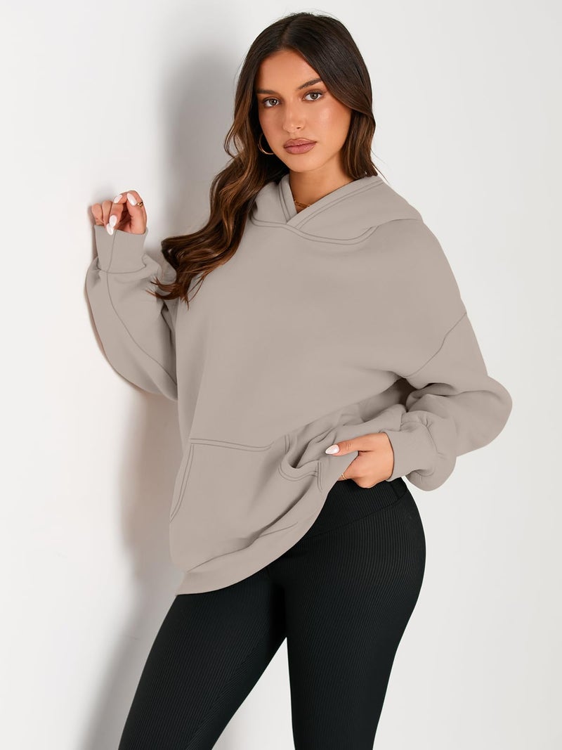 EFAN Women's Oversized Fleece Hoodie, Cozy Plush Pullover Sweatshirt with Pocket CoffeeGrey L - Image 2