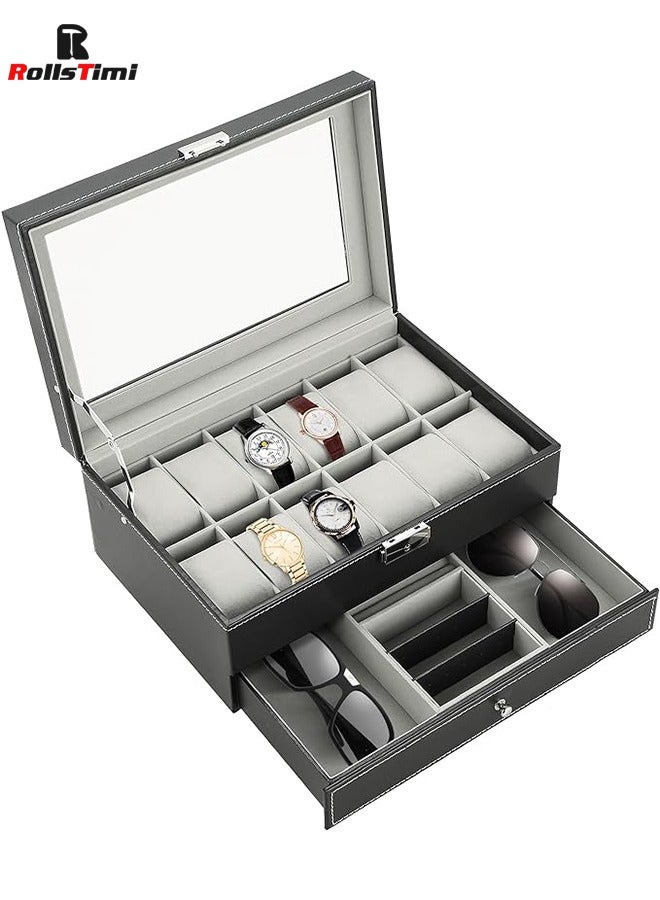 RollsTimi  12 Slots Watch Case with Jewelry Organizer Drawer for Women Men, PU Leather Watch Collection Box with Glass Lid & Removable Pillows, 2 Layers Watch Organizer Box - Image 1