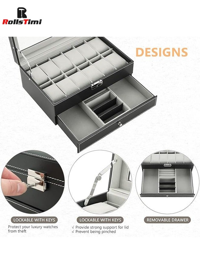 RollsTimi  12 Slots Watch Case with Jewelry Organizer Drawer for Women Men, PU Leather Watch Collection Box with Glass Lid & Removable Pillows, 2 Layers Watch Organizer Box - Image 2