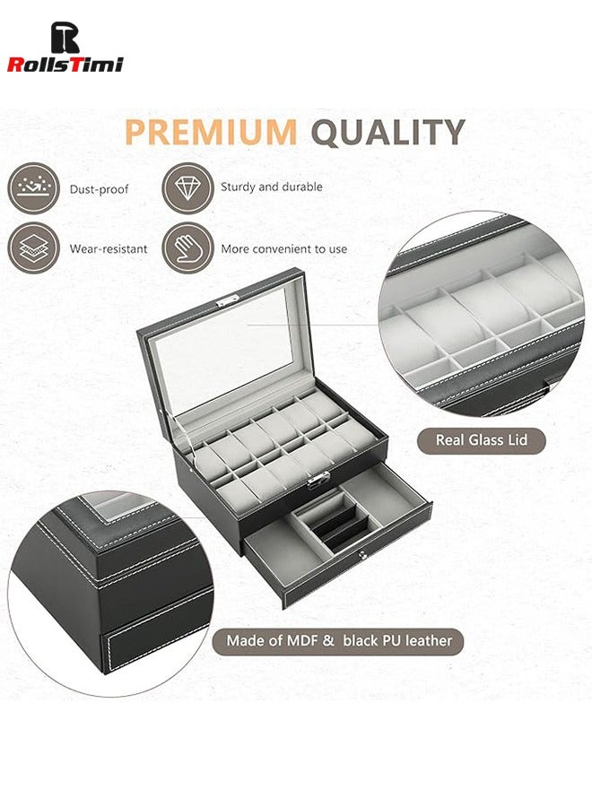 RollsTimi  12 Slots Watch Case with Jewelry Organizer Drawer for Women Men, PU Leather Watch Collection Box with Glass Lid & Removable Pillows, 2 Layers Watch Organizer Box - Image 3