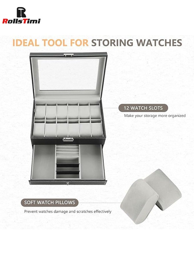 RollsTimi  12 Slots Watch Case with Jewelry Organizer Drawer for Women Men, PU Leather Watch Collection Box with Glass Lid & Removable Pillows, 2 Layers Watch Organizer Box - Image 4