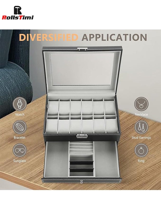 RollsTimi  12 Slots Watch Case with Jewelry Organizer Drawer for Women Men, PU Leather Watch Collection Box with Glass Lid & Removable Pillows, 2 Layers Watch Organizer Box - Image 5