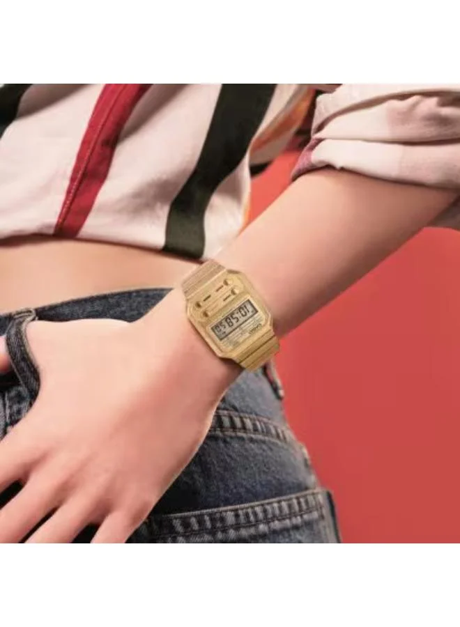 CASIO Unisex Digital Display Watch With Gold Stainless Steel Strap - A100WEG-9ADF