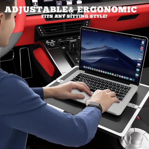 Partsable Flodable Car Desk Tray for Laptop, 360° Rotating Leather Cup Holder Table, Car Tray laptop Desk Replace Steering Wheel tray, for Tesla Model Y/3/S, Ford F150 Car Accessries for Men Women - Image 3