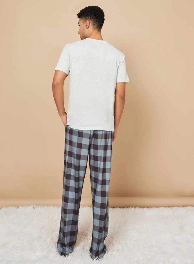Styli Solid T-Shirt and Checked Pyjama Set