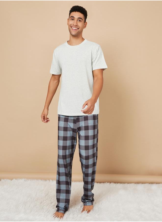 Styli - Solid T-Shirt and Checked Pyjama Set - Image 1