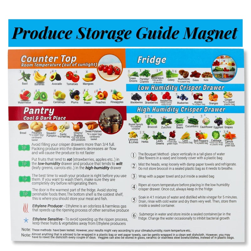 Tip perk Produce Storage Guide Magnet - How to Store Food Magnet for The Fridge, Fruit & Vegetable Cheat Sheet, Kitchen Organizer Magnetic Chart, Food Storage Chart, Kitchen Fridge Magnet - Image 1