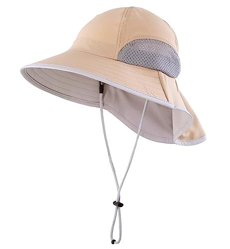 Connectyle Kids Summer Beach Hat Boys Wide Brim Sun Hats with Neck Flap Safari Hat UPF 50+ Sun Protection Bucket Hat Khaki - Image 1