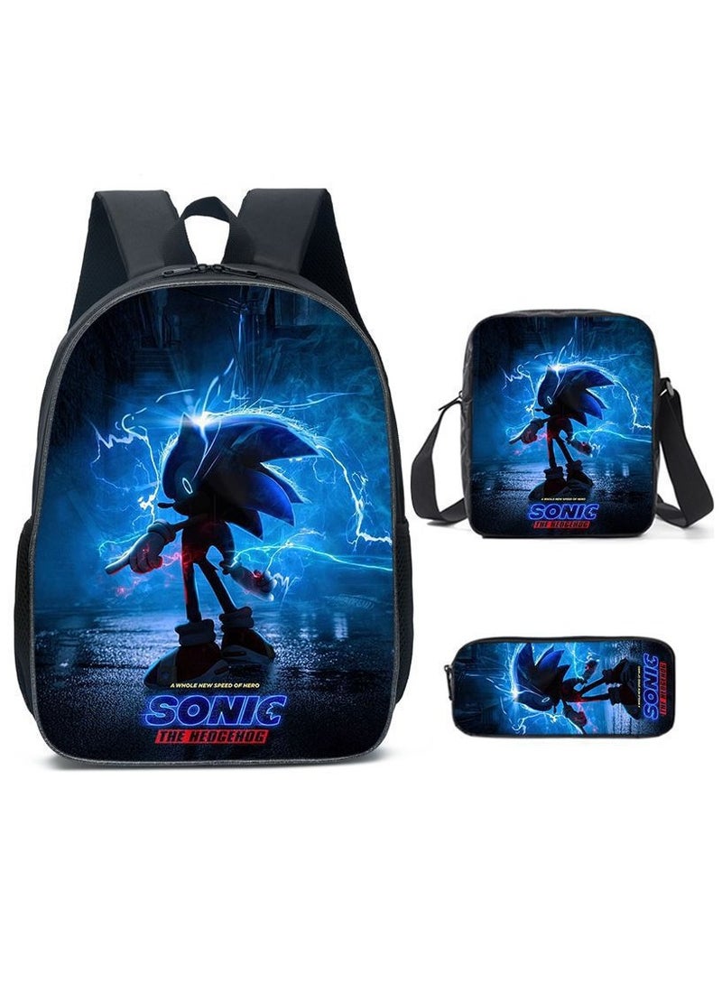Sonic Primary School Backpack Cartoon Anime Backpack Messenger Bag Pencil Case Three-Piece Set 29*16*42cm