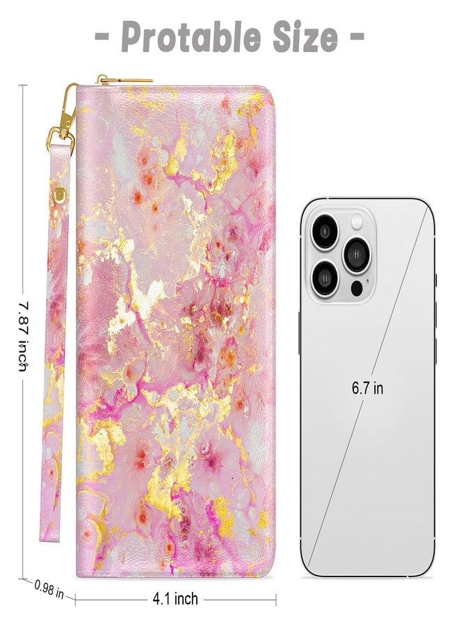 Aiawoxc Womens Wallet, RFID Wristlet Wallet for Women, Cute Ladies Clutch Purses, Large Leather Card Holder Wallets Travel Wallets with Zipper & Phone Holder(Gold Pink Marble) - Image 2