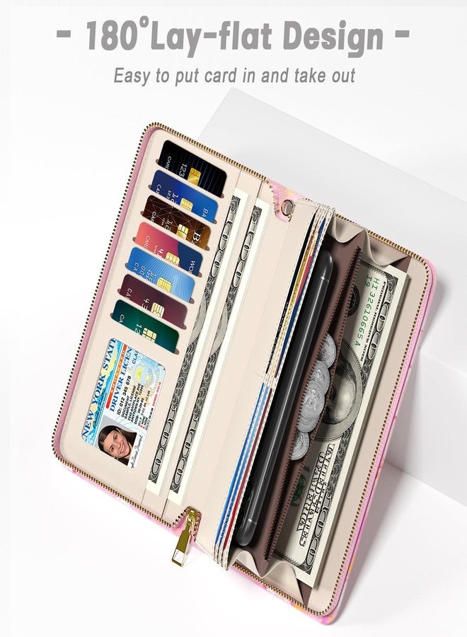 Aiawoxc Womens Wallet, RFID Wristlet Wallet for Women, Cute Ladies Clutch Purses, Large Leather Card Holder Wallets Travel Wallets with Zipper & Phone Holder(Gold Pink Marble) - Image 4