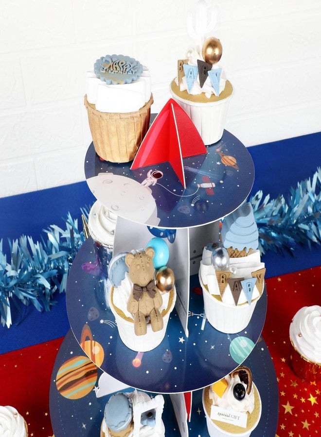 Pagather Space Cupcake Holder, Rocket Theme Birthday 3 Tier Cardboard Cupcake Stand, Galaxy Style Dessert Tower Display for Party Supplies Decoration - Image 5