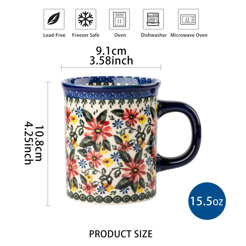 ONECCI Ceramic Latte Mug Set of 4, 15.5oz Hand Painted Porcelain Coffee Cups With Handle for Tea/Milk/Cocoa - Modern Retro Design For Any Kitchen. Microwave and Dishwash Safe (Exotic Daisy) - Image 2