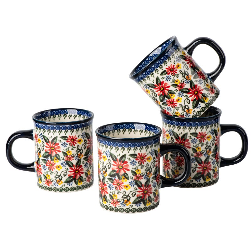 ONECCI Ceramic Latte Mug Set of 4, 15.5oz Hand Painted Porcelain Coffee Cups With Handle for Tea/Milk/Cocoa - Modern Retro Design For Any Kitchen. Microwave and Dishwash Safe (Exotic Daisy) - Image 1