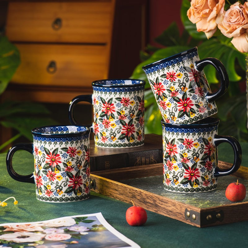 ONECCI Ceramic Latte Mug Set of 4, 15.5oz Hand Painted Porcelain Coffee Cups With Handle for Tea/Milk/Cocoa - Modern Retro Design For Any Kitchen. Microwave and Dishwash Safe (Exotic Daisy) - Image 4