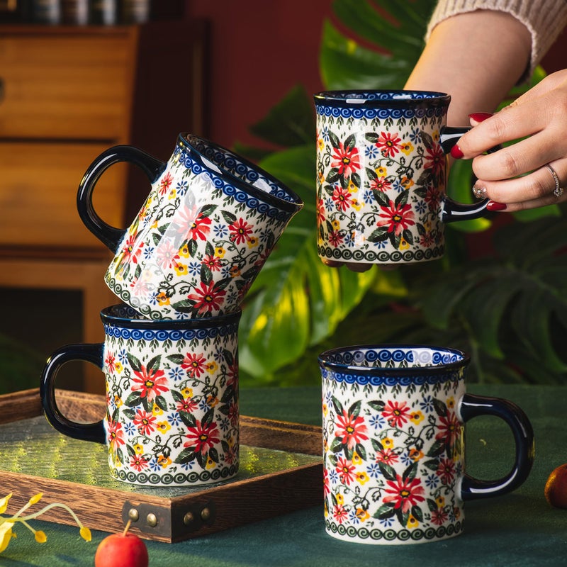 ONECCI Ceramic Latte Mug Set of 4, 15.5oz Hand Painted Porcelain Coffee Cups With Handle for Tea/Milk/Cocoa - Modern Retro Design For Any Kitchen. Microwave and Dishwash Safe (Exotic Daisy) - Image 3