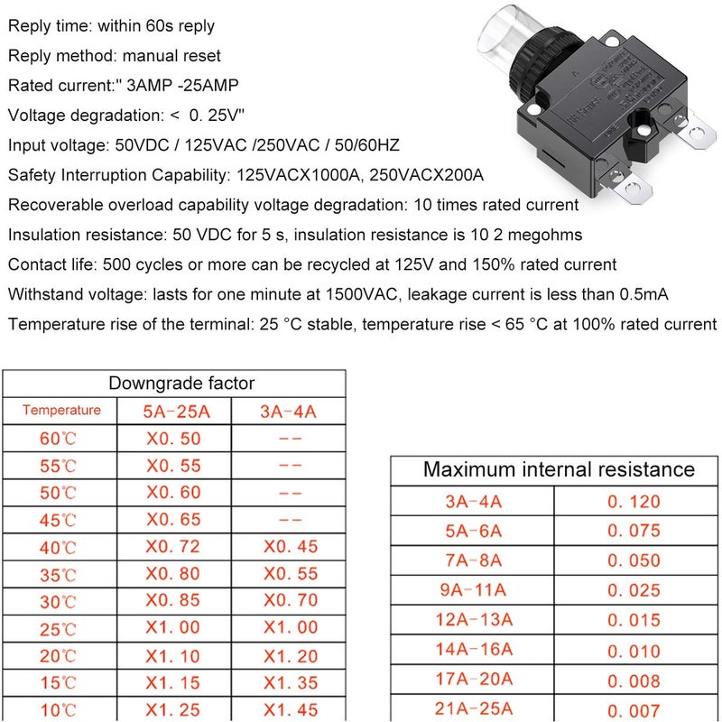 DIYhz Thermal Overload Circuit Breaker 88 Series 6A 32V DC 125/250VAC 50/60Hz Push Button Circuit Breaker Reset Boot Switch and Waterproof Button Transparent Cap 2 Pcs - Image 5