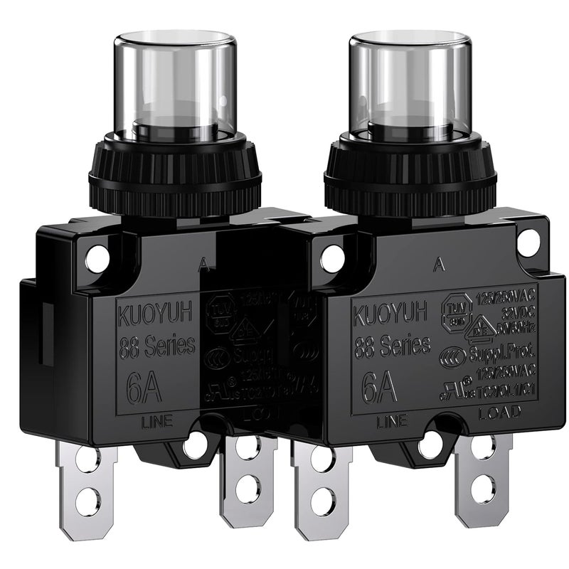 DIYhz Thermal Overload Circuit Breaker 88 Series 6A 32V DC 125/250VAC 50/60Hz Push Button Circuit Breaker Reset Boot Switch and Waterproof Button Transparent Cap 2 Pcs - Image 1