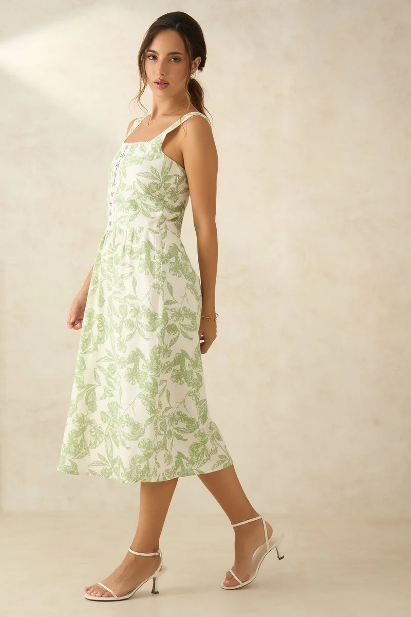 Virgio Linen Lace Vacation Floral Dresses for Women