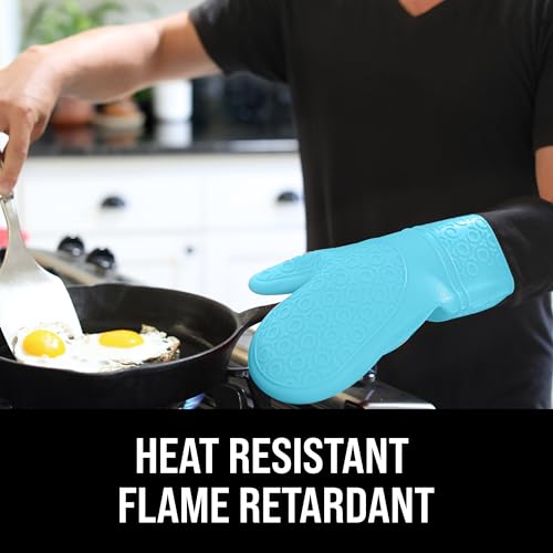 HOMWE BPA-Free Soft Silicone Oven Mitts - Ultra Heat Resistant Oven Mitts with Thick Cotton Liner - Extra Long Slip Resistant Pot Holders, Flexible Oven Gloves - Aqua/Black 14.7" - Image 3