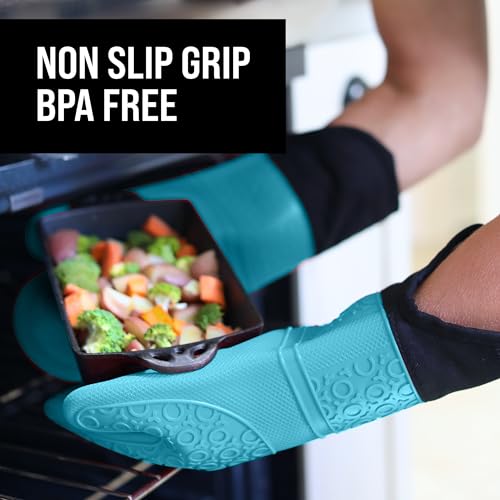 HOMWE BPA-Free Soft Silicone Oven Mitts - Ultra Heat Resistant Oven Mitts with Thick Cotton Liner - Extra Long Slip Resistant Pot Holders, Flexible Oven Gloves - Aqua/Black 14.7" - Image 5