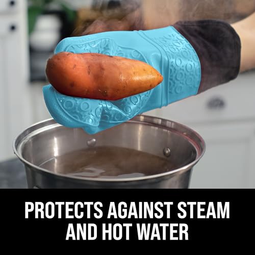 HOMWE BPA-Free Soft Silicone Oven Mitts - Ultra Heat Resistant Oven Mitts with Thick Cotton Liner - Extra Long Slip Resistant Pot Holders, Flexible Oven Gloves - Aqua/Black 14.7" - Image 4