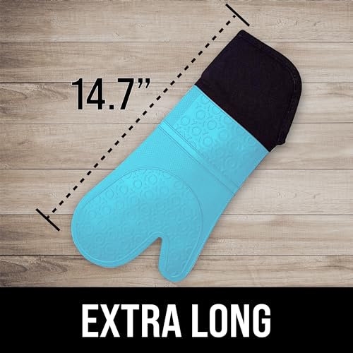 HOMWE BPA-Free Soft Silicone Oven Mitts - Ultra Heat Resistant Oven Mitts with Thick Cotton Liner - Extra Long Slip Resistant Pot Holders, Flexible Oven Gloves - Aqua/Black 14.7" - Image 2
