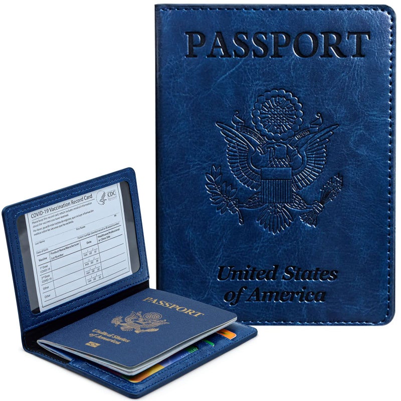 KAOBAN Passport Holder Cover Wallet Case RFID Blocking Leather Card Slot Travel Accessories Documents Organizer Protector for Women Men, Navy Blue - Image 1
