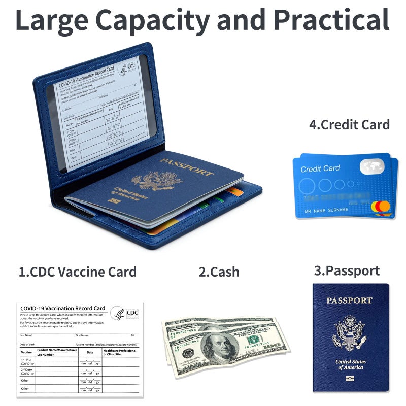 KAOBAN Passport Holder Cover Wallet Case RFID Blocking Leather Card Slot Travel Accessories Documents Organizer Protector for Women Men, Navy Blue - Image 3