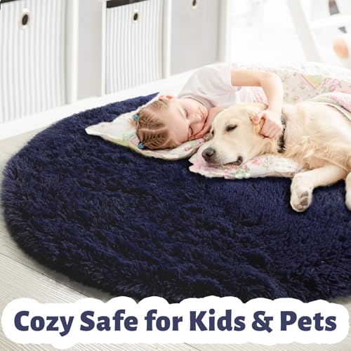 Amdrebio Dark Navy Round Rug 4Ft for Boys Room Bedroom, Fluffy Shag Fuzzy Plush Circle Area Rugs for Kids, Teens, Living Room Decor Aesthetic, Indigo Furry Cool Dark Blue Carpet for Dorm Baby Nursery - Image 2