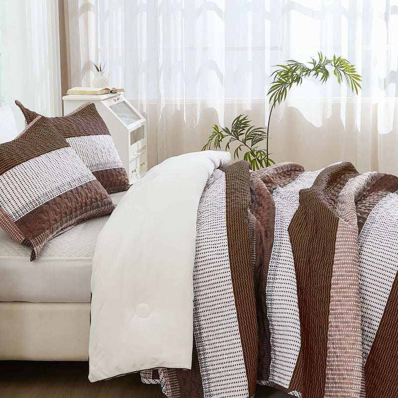 Andency مجموعة الفراش لحاف Queen Queen Brown 3 قطع قهوة مخططة ذات سريرات ناعمة خفيفة الوزن خفيفة الوزن مع شمس وسادة لجميع الفصول (90 "" x96 ") - Image 2