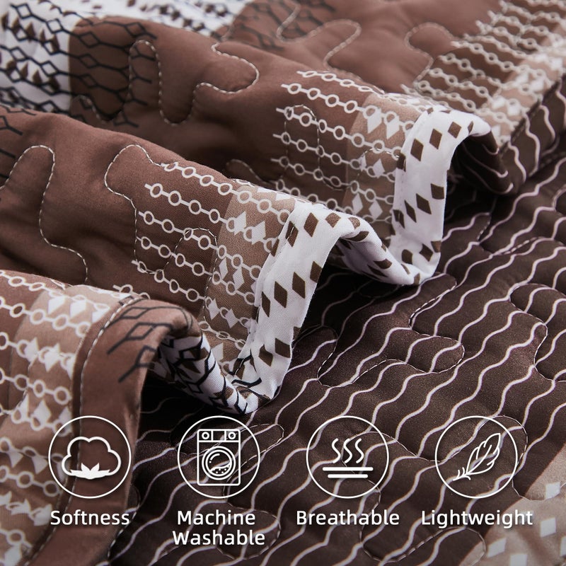 Andency مجموعة الفراش لحاف Queen Queen Brown 3 قطع قهوة مخططة ذات سريرات ناعمة خفيفة الوزن خفيفة الوزن مع شمس وسادة لجميع الفصول (90 "" x96 ") - Image 5