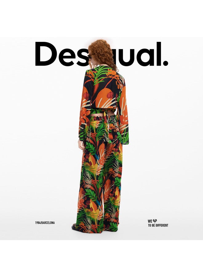 DESIGUAL 25 بنطلون نسائي كاجوال خفيف الوزن بتصميم استوائي مع حزام عند الخصر وفتحة جانبية لفصل الربيع/الصيف - Image 5