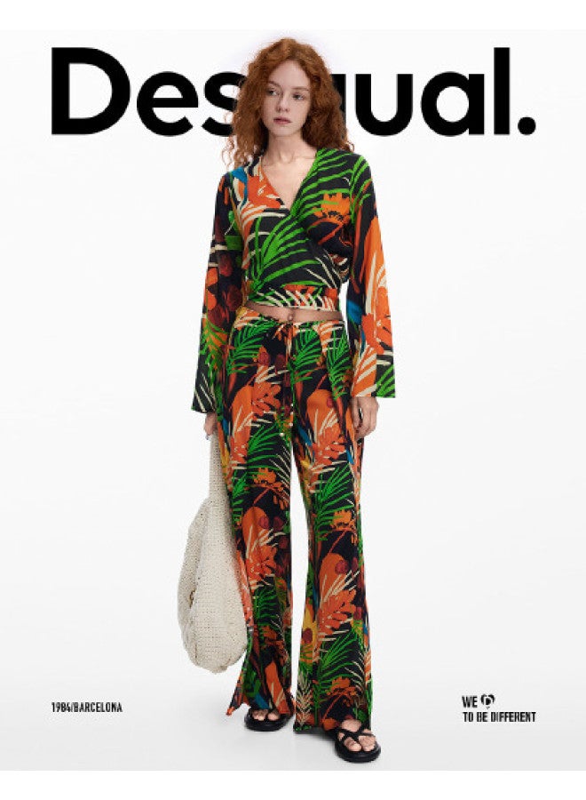 DESIGUAL 25 بنطلون نسائي كاجوال خفيف الوزن بتصميم استوائي مع حزام عند الخصر وفتحة جانبية لفصل الربيع/الصيف - Image 1