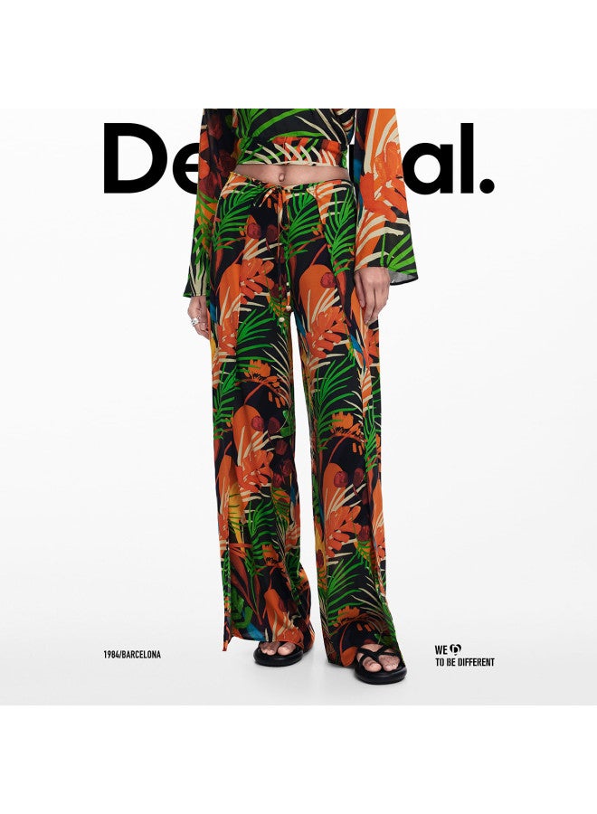 DESIGUAL 25 بنطلون نسائي كاجوال خفيف الوزن بتصميم استوائي مع حزام عند الخصر وفتحة جانبية لفصل الربيع/الصيف - Image 4