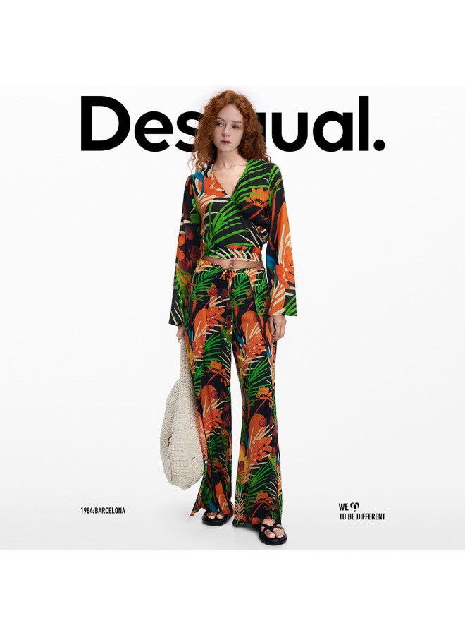 DESIGUAL 25 بنطلون نسائي كاجوال خفيف الوزن بتصميم استوائي مع حزام عند الخصر وفتحة جانبية لفصل الربيع/الصيف - Image 2