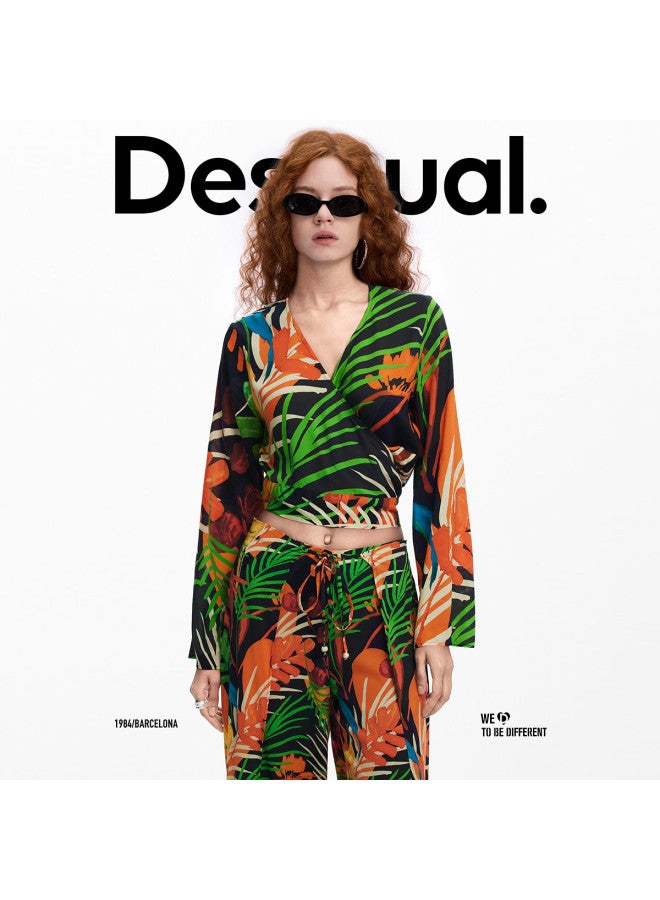 DESIGUAL 25 بنطلون نسائي كاجوال خفيف الوزن بتصميم استوائي مع حزام عند الخصر وفتحة جانبية لفصل الربيع/الصيف - Image 3