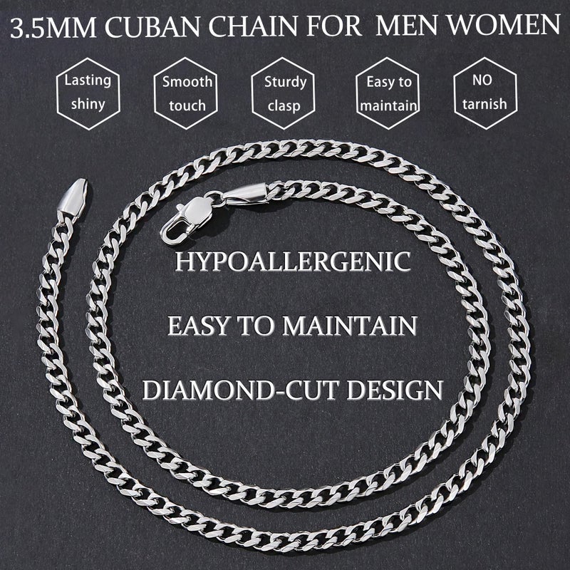 Fiusem 3.5mm Silver Colored Chains for Men, Silver Plated Mens Chain Cuban Link Chain Necklace for Men and Women, Stainless Steel Mens Necklaces 24 Inch - Image 5