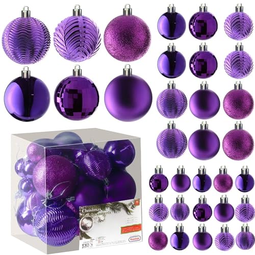 Prextex 36Pieces Purple Christmas Ornaments Set Shatterproof Festive Christmas Ball Ornaments in 3 Sizes and 6 Styles with Hanging Loops for Tree Wreath and Dazzling Holiday Party Decorations
