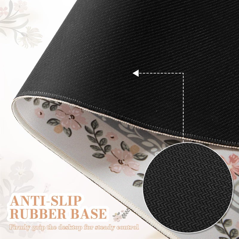 iCasso Desk Matt for Desktop, Cute Desk Pad Mat, XXL Large Mouse Pad, Anti-Slip Big Mousepad with Stitched Edges, Keyboard Pad for Computer(Gray Floral) - Image 4