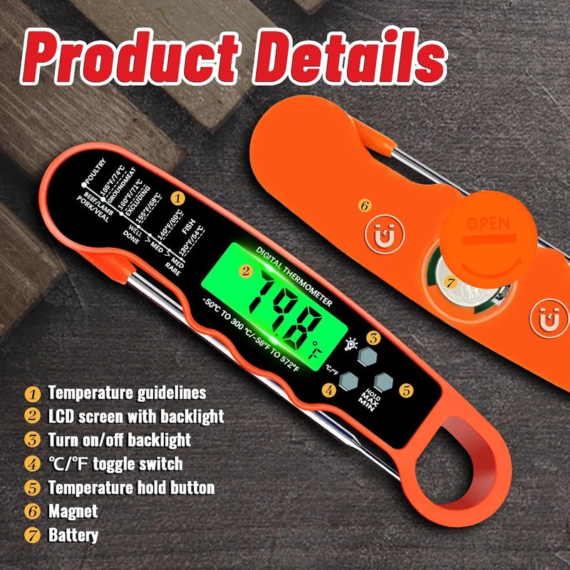 PAWPRO Meat Thermometer Digital, Instant Read Meat Thermometer with Backlight & Magnet for Kitchen, Beef, Grill, Turkey,IP67 Waterproof Cooking Thermometer，Suitable as Stocking Stuffers for Men - Image 4