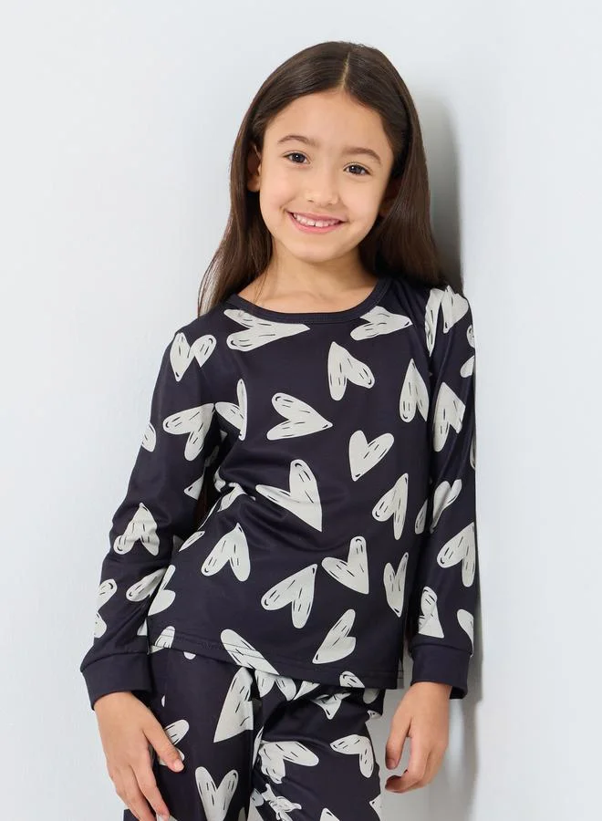 Styli Styli Girls Heart Print Top and Pyjama Set