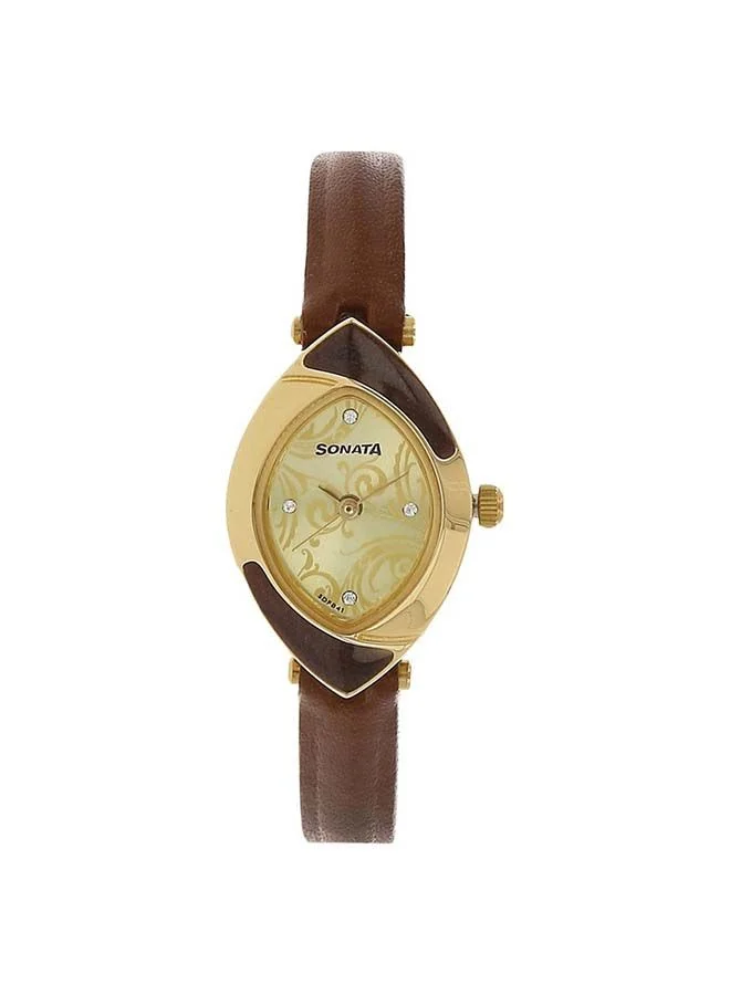 Sonata Asymmetrical Shape Leather Band Analog Wrist Watch 8069YL03 20mm Brown