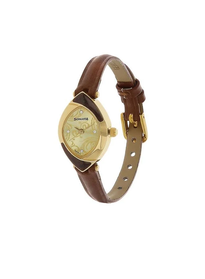 Sonata Asymmetrical Shape Leather Band Analog Wrist Watch 8069YL03 20mm Brown