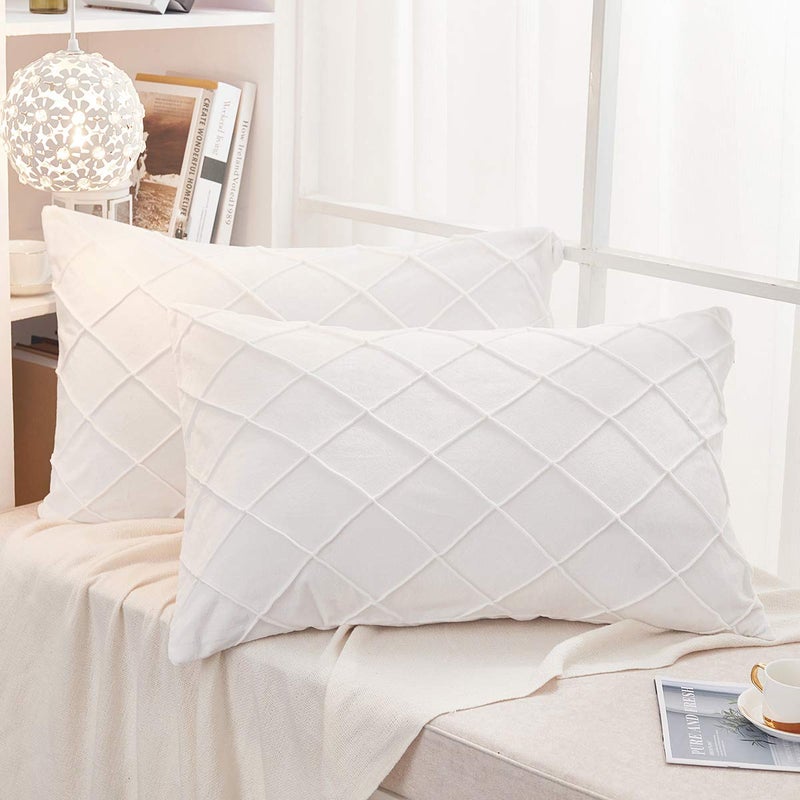 JAUXIO Diamond Pinch Pleated Crystal Velvet Pillowcases 2 Pack Solid Pintuck Throw Cushion Cover for Home Decor Hidden Zipper Closure (White  Standard)