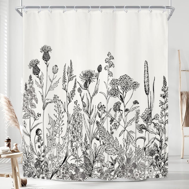Riyidecor Riyidecor Wild Floral Shower Curtain Botanical Herbs Tulip Plant Nature Blossom Flower Leaf Sketch Gross Waterproof Fabric 60Wx72H Inch Polyester Bathroom Bathtub Decoration 12 Pack Plastic Hooks 